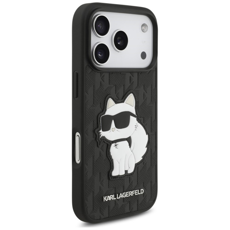 Capa Karl Lagerfeld Saffiano Mono Patch Choupette para Apple iPhone 18 Pro / 17 Pro, preta