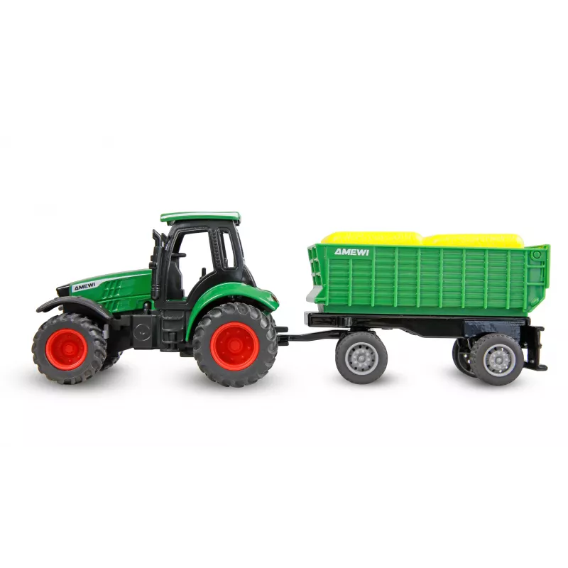Trator metálico Amewi com reboque, 1:64, RTR, verde