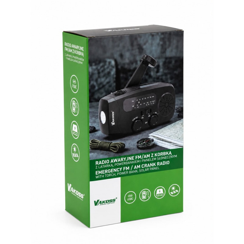 Rádio de emergência FM/AM Vakoss FM-3660K com dínamo, lanterna, power bank e painel solar, 2000 mAh