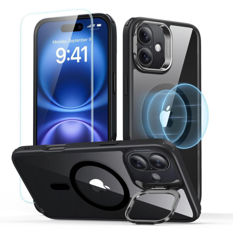 Capa ESR Classic Hybrid Kickstand HaloLock MagSafe com vidro temperado para Apple iPhone 16, transparente/preto
