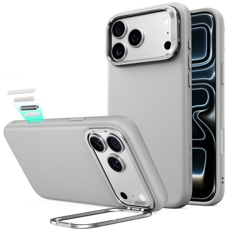 Capa ESR Leather Kickstand MagSafe para Apple iPhone 17 Pro Max / 18 Pro Max, cinzenta
