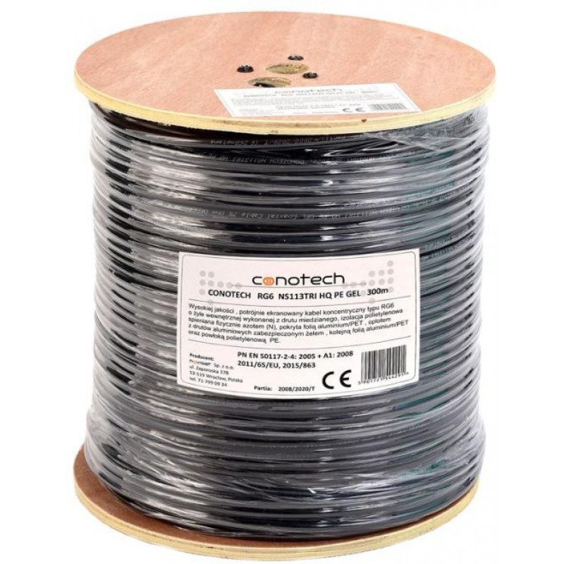 Cabo coaxial gelificado Conotech NS113TRI HQ PE, preto, 300 m