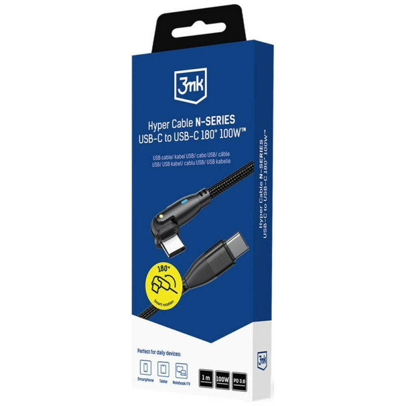 Cabo 3MK Hyper Cable N-SERIES USB-C para USB-C com ponta giratória de 180°, 1 m, 100 W, preto