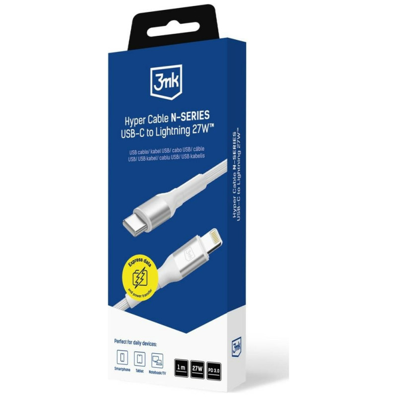 Cabo 3MK Hyper Cable N-SERIES USB-C para Lightning, 1 m, 27 W, branco