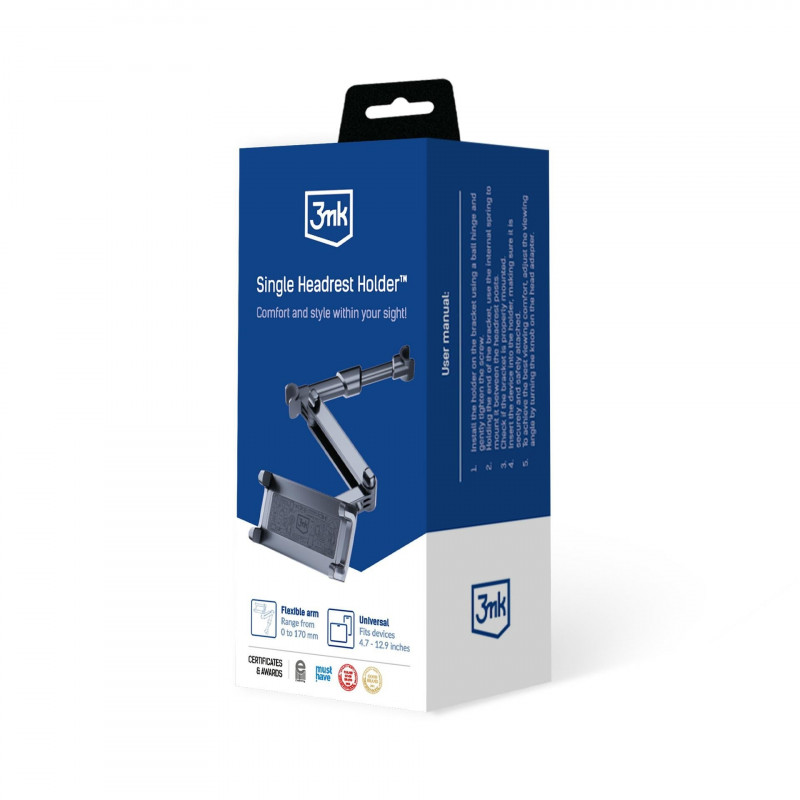 Suporte de encosto de cabeça para automóvel 3MK Single para telemóveis e tablets 4.7"-12.9", preto
