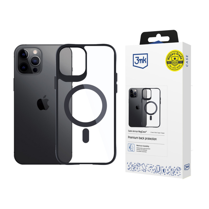 3MK Satin Armor MagCase com MagSafe para Apple iPhone 12 Pro Max, transparente com moldura preta