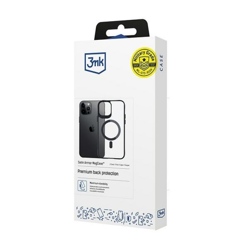 3MK Satin Armor MagCase com MagSafe para Apple iPhone 12 Pro Max, transparente com moldura preta