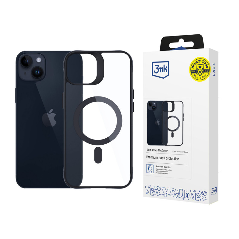 3MK Satin Armor MagCase com MagSafe para Apple iPhone 14 Plus, transparente com moldura preta (156076-0)