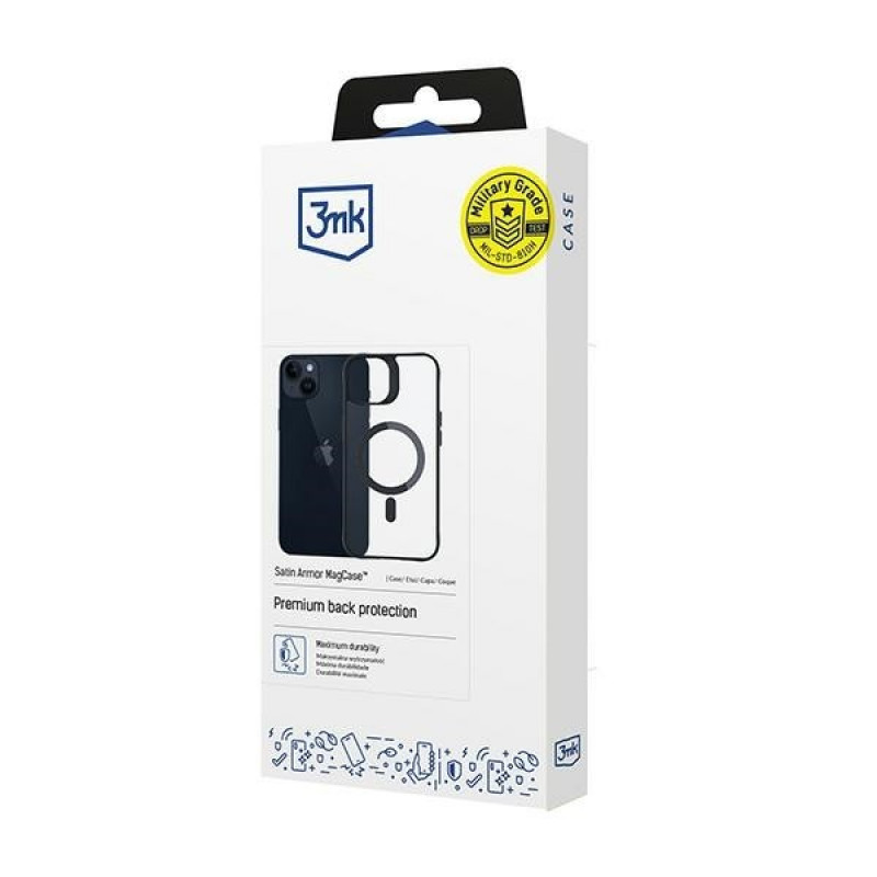 3MK Satin Armor MagCase com MagSafe para Apple iPhone 14 Plus, transparente com moldura preta (156076-0)