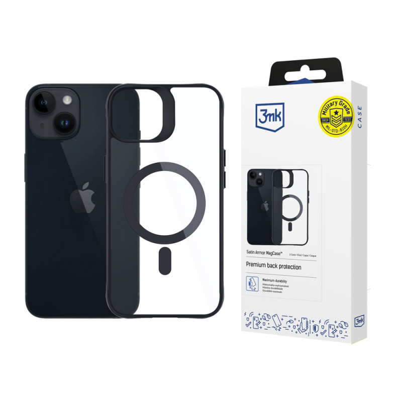 3MK Satin Armor MagCase com MagSafe para Apple iPhone 13 / 14, Transparente com Moldura Preta (156075-0)