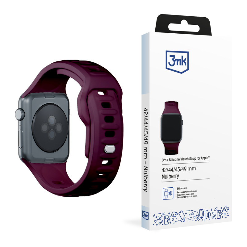 Pulseira de silicone 3mk para Apple Watch 42/44/45/49 mm, amora / borgonha