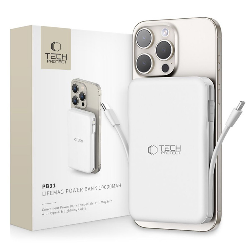 Tech-Protect PB31 LifeMag power bank MagSafe 10000 mAh, 15 W, branco