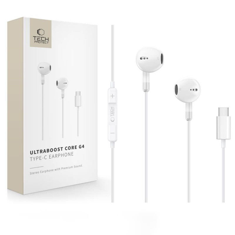 Auscultadores com fios Tech-Protect Ultraboost Core G4 USB-C, brancos