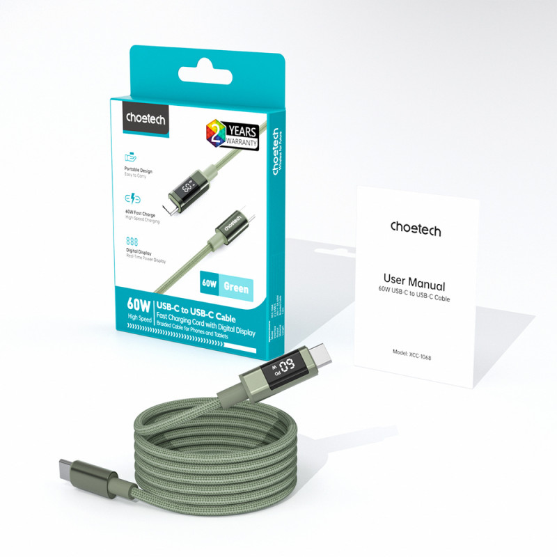 Cabo USB-C para USB-C Choetech XCC-1068 PD 60W com ecrã, 1,2 m, verde