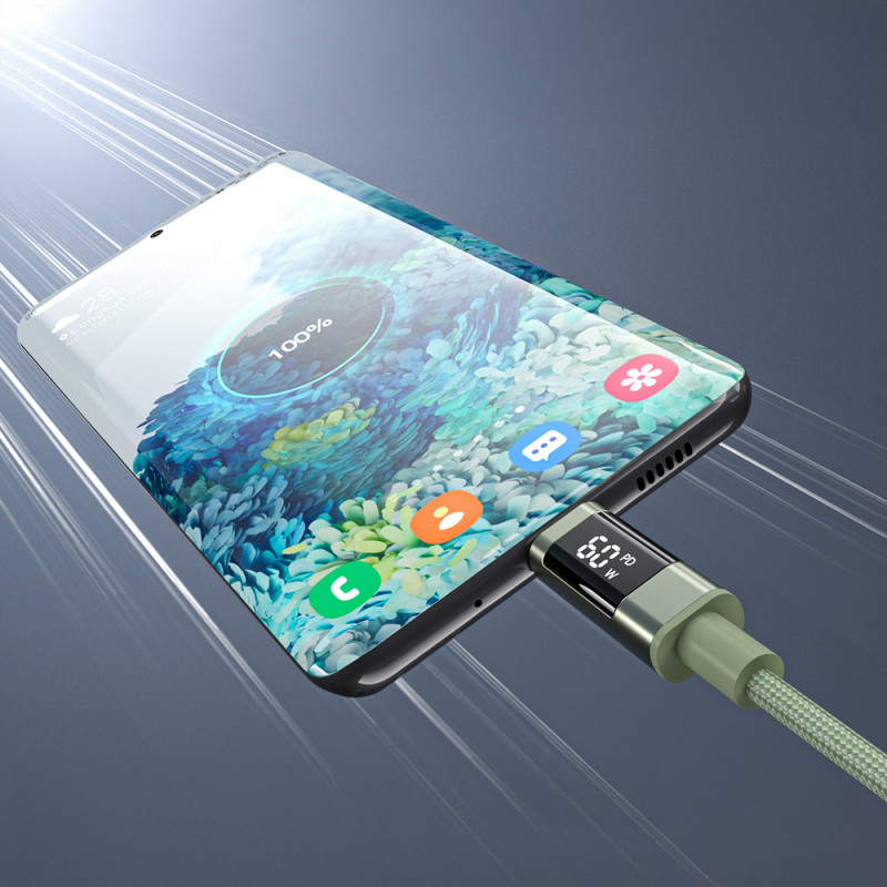 Cabo USB-C para USB-C Choetech XCC-1068 PD 60W com ecrã, 1,2 m, verde