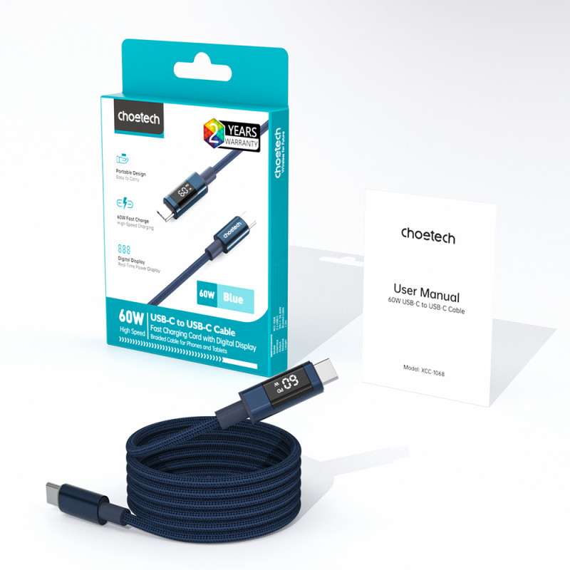 Cabo USB-C para USB-C Choetech XCC-1068 PD 60W com ecrã, 1,2 m, azul