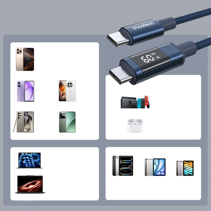 Cabo USB-C para USB-C Choetech XCC-1068 PD 60W com ecrã, 1,2 m, azul