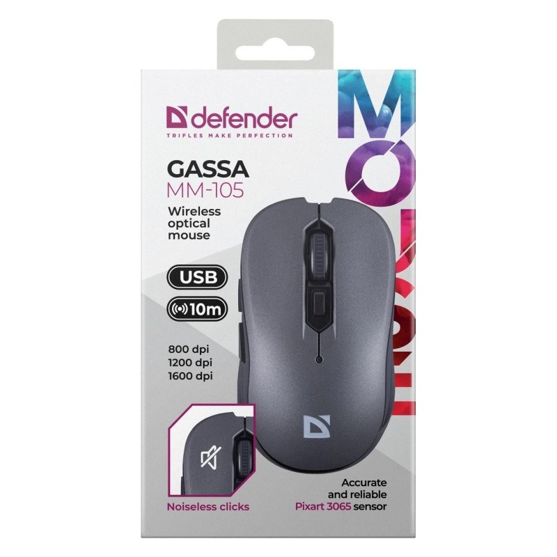 Rato sem fios Defender Gassa MM-105 RF Silent, cinzento