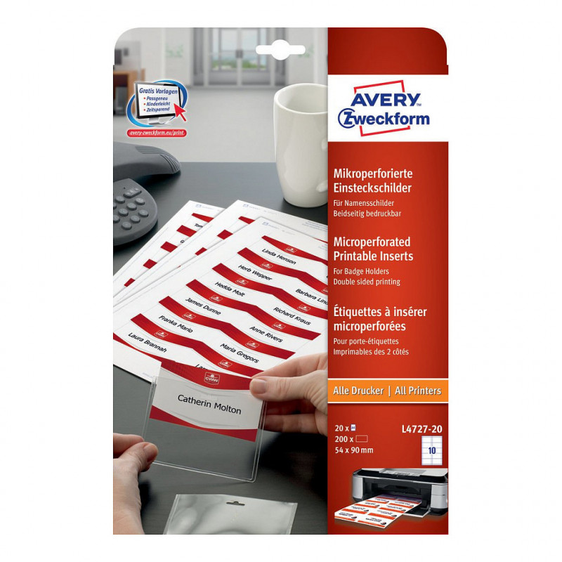 Etiquetas autocolantes para crachás de identificação Avery Zweckform L4727-20, 90 x 54 mm, branco