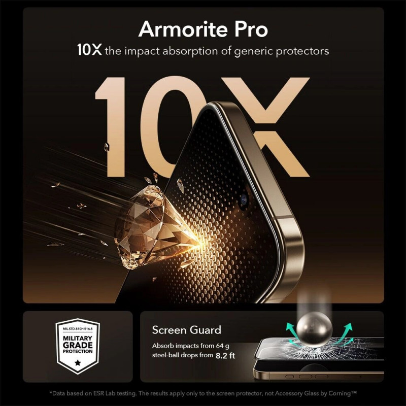 Protetor de ecrã em vidro temperado ESR UltraFit Armorite Pro com Glass by Corning para Apple iPhone 17 Pro Max, ESR928