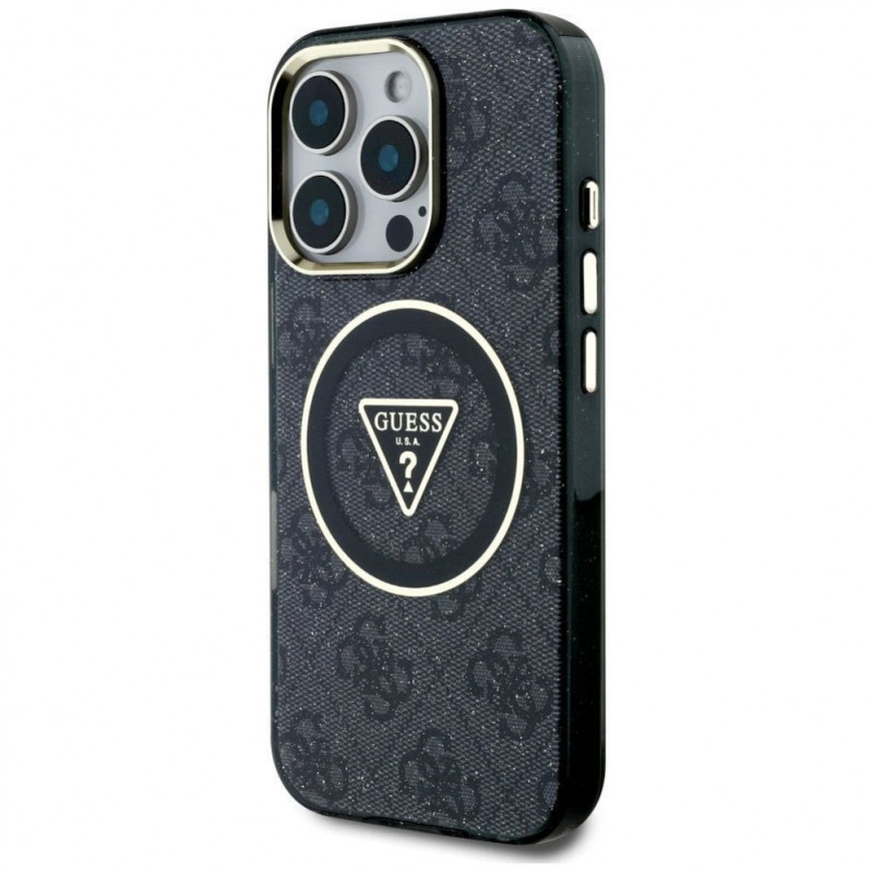 Capa MagSafe Guess GUHMP16LHG4PRTGK IML Metal Glitter 4G Circle Triangle para Apple iPhone 16 Pro, preta