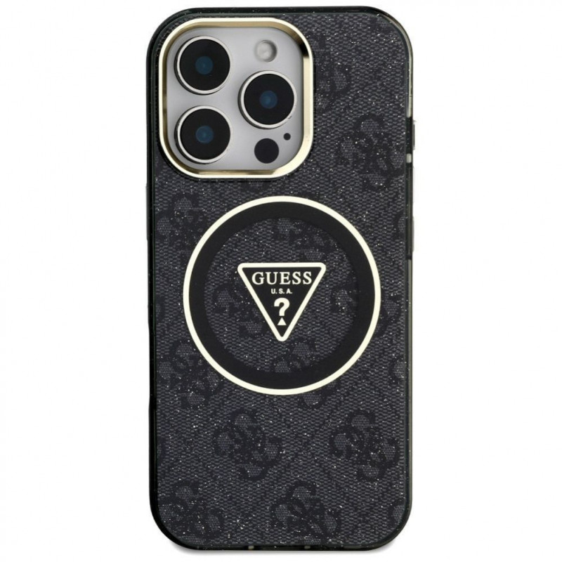 Capa MagSafe Guess GUHMP16LHG4PRTGK IML Metal Glitter 4G Circle Triangle para Apple iPhone 16 Pro, preta