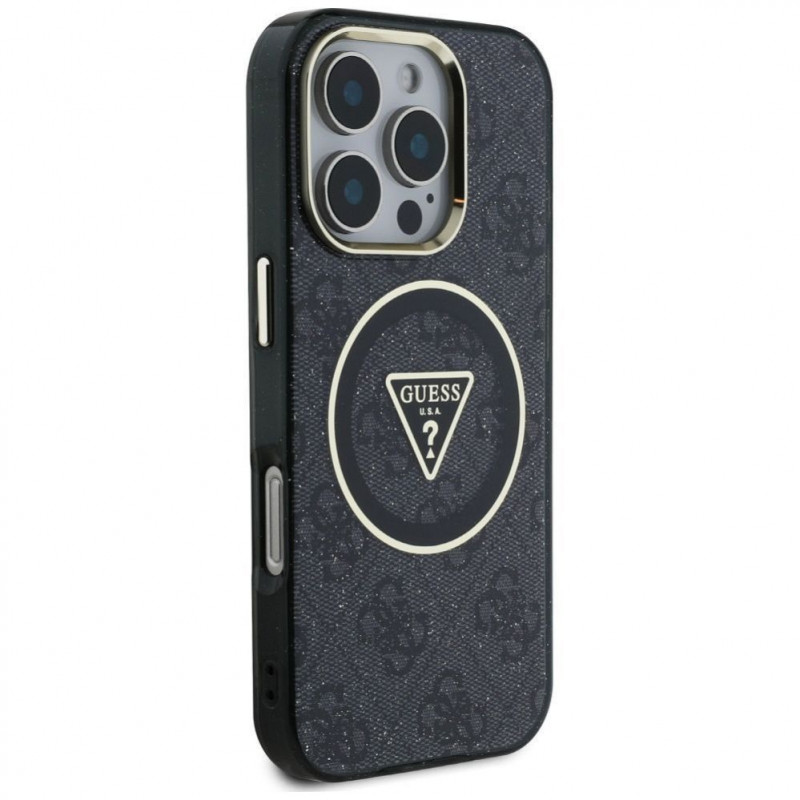 Capa MagSafe Guess GUHMP16LHG4PRTGK IML Metal Glitter 4G Circle Triangle para Apple iPhone 16 Pro, preta