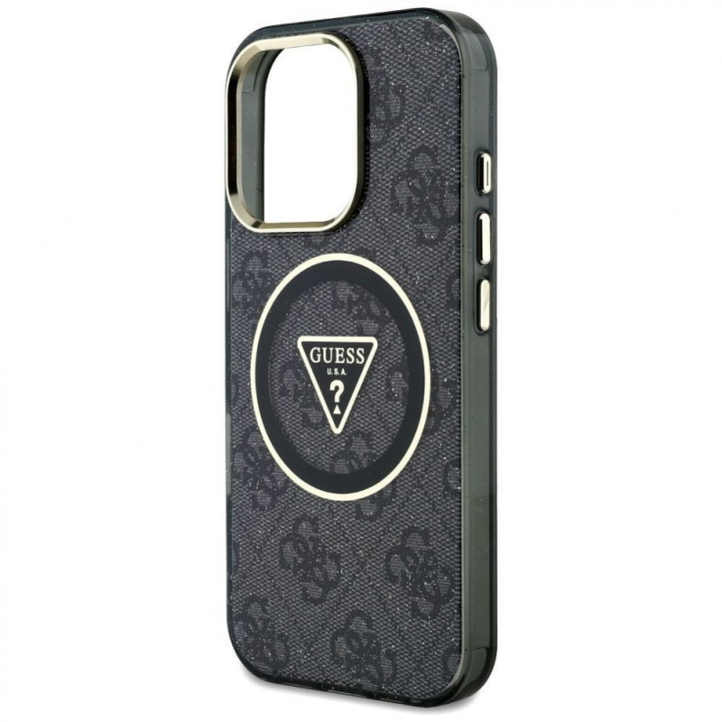 Capa MagSafe Guess GUHMP16LHG4PRTGK IML Metal Glitter 4G Circle Triangle para Apple iPhone 16 Pro, preta