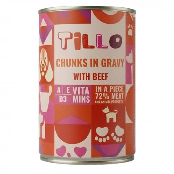 TILLO Pedaços em molho de vaca comida húmida para cães, 415 g