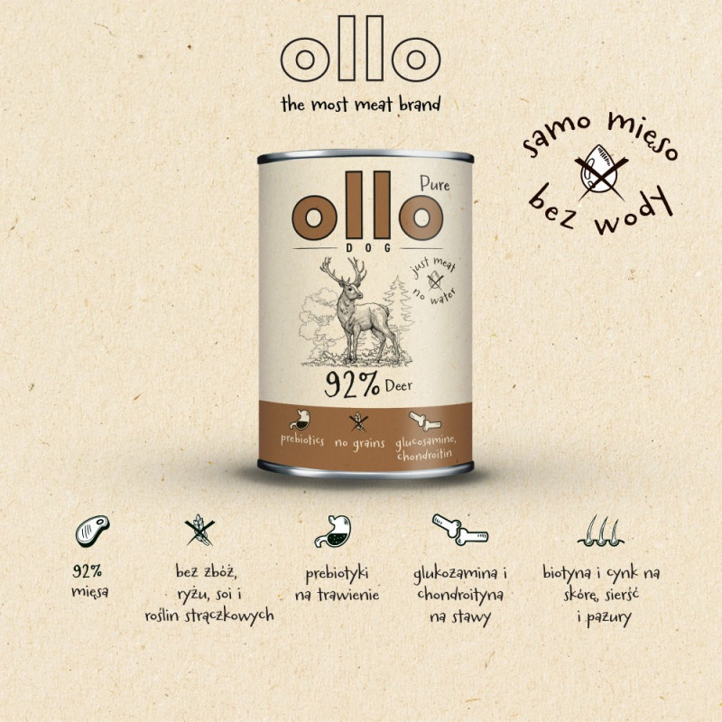 Comida húmida para cães OLLO Pure Deer, 850 g
