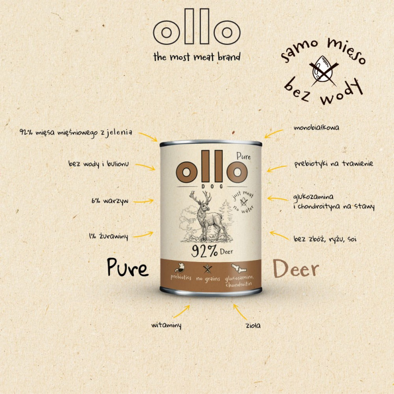Comida húmida para cães OLLO Pure Deer, 850 g