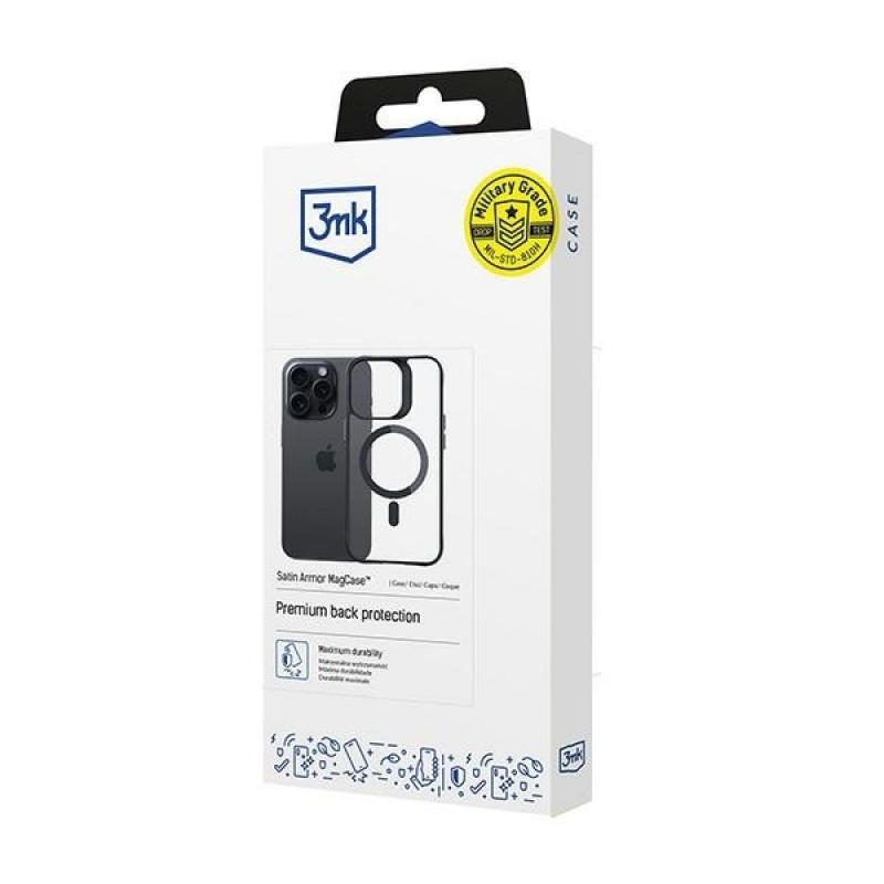 Capa para smartphone 3MK Satin Armor MagCase MagSafe para Apple iPhone 15 Pro Max, transparente com moldura preta