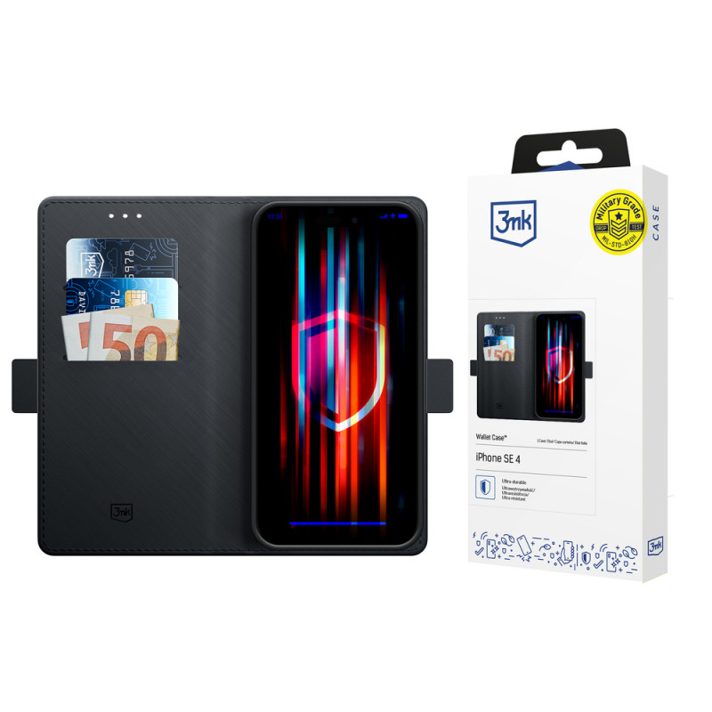 Capa carteira 3MK Wallet Case 156225-0 para Apple iPhone 17e / 16e, preta