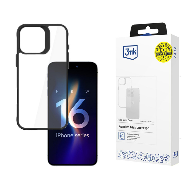 Capa 3mk Satin Armor Case+ para Apple iPhone 16 Pro Max, Transparente com Moldura Preta