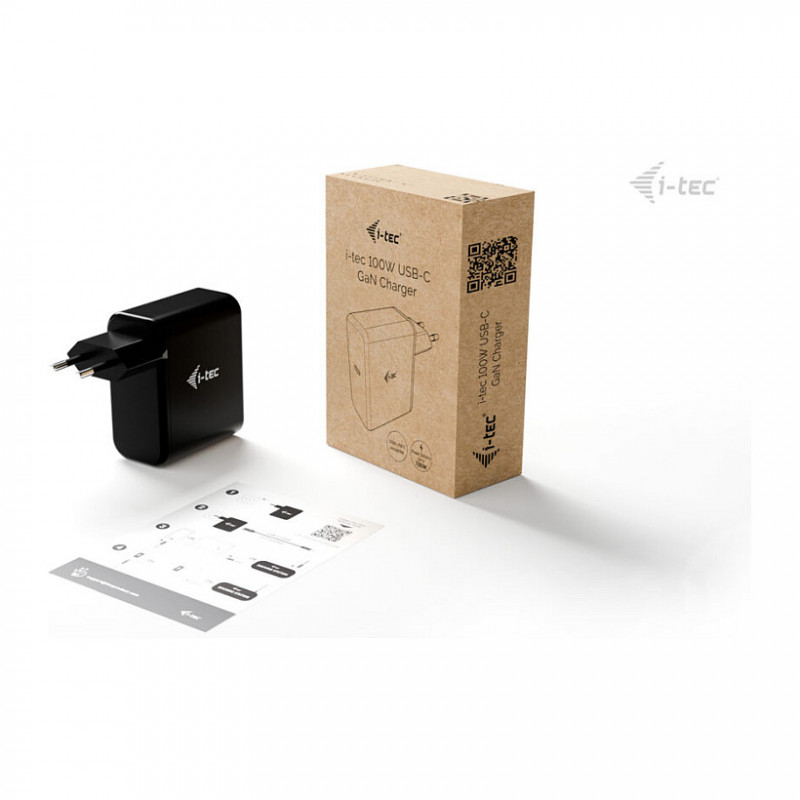 Carregador GaN USB-C 100 W i-tec, PD 3.0, 1x USB-C, preto
