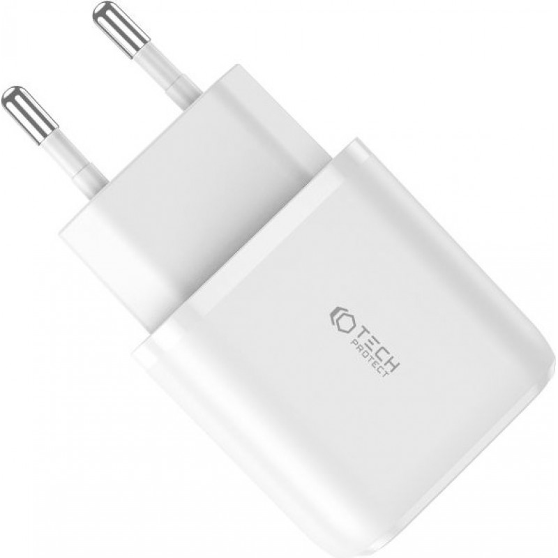 Carregador de parede Tech-Protect C20W de 2 portas, USB-C PD 20W e USB-A QC 3.0, branco