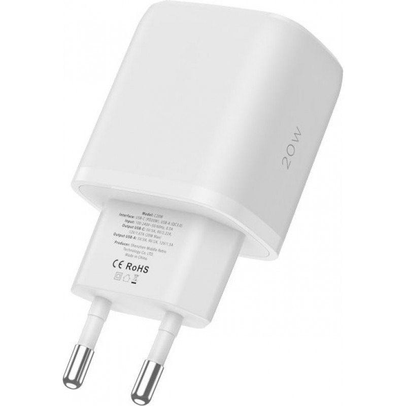 Carregador de parede Tech-Protect C20W de 2 portas, USB-C PD 20W e USB-A QC 3.0, branco