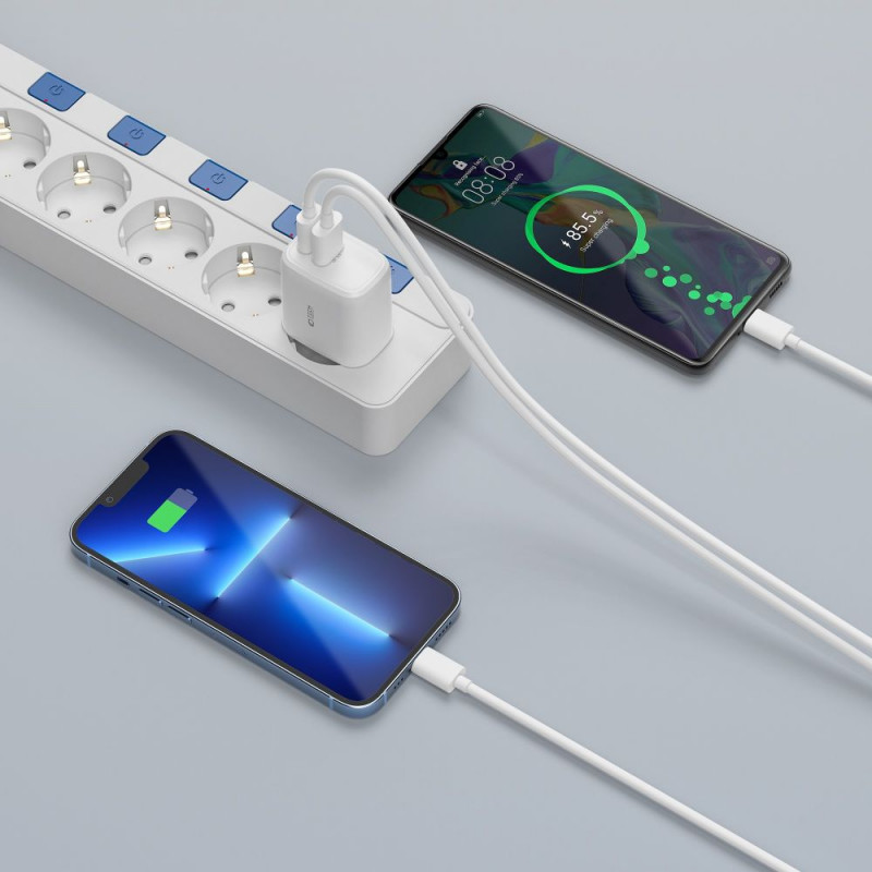 Carregador de parede Tech-Protect C20W de 2 portas, USB-C PD 20W e USB-A QC 3.0, branco