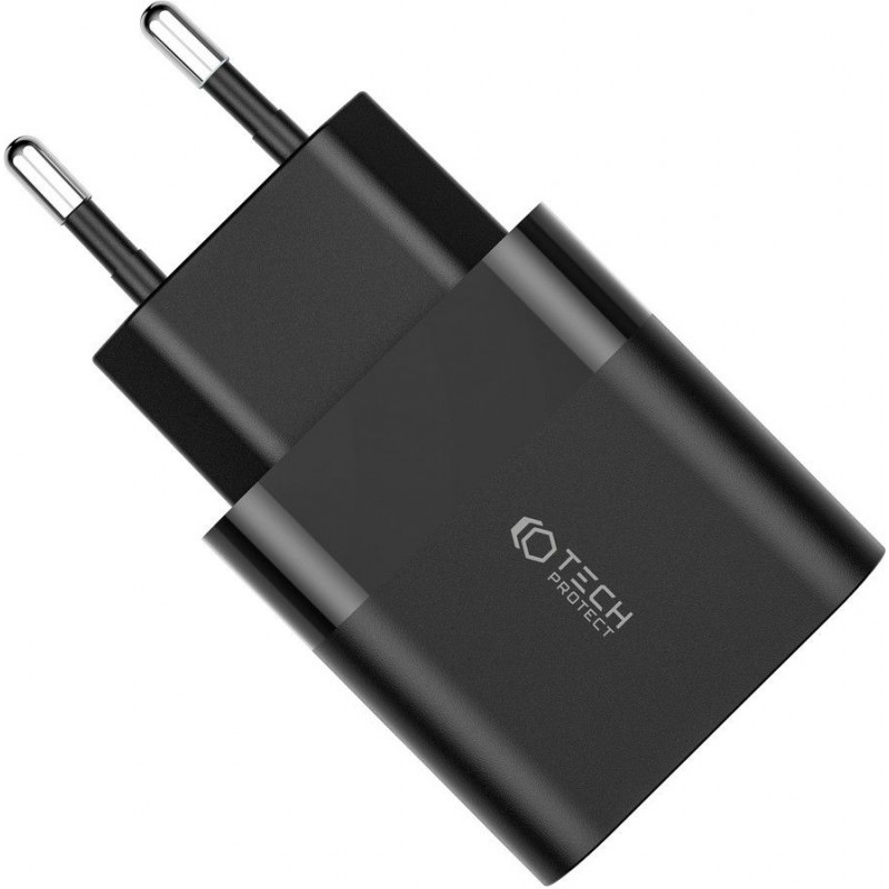 Carregador de parede Tech-Protect C30W de 2 portas, USB-C PD 30W e USB-A QC 3.0, preto