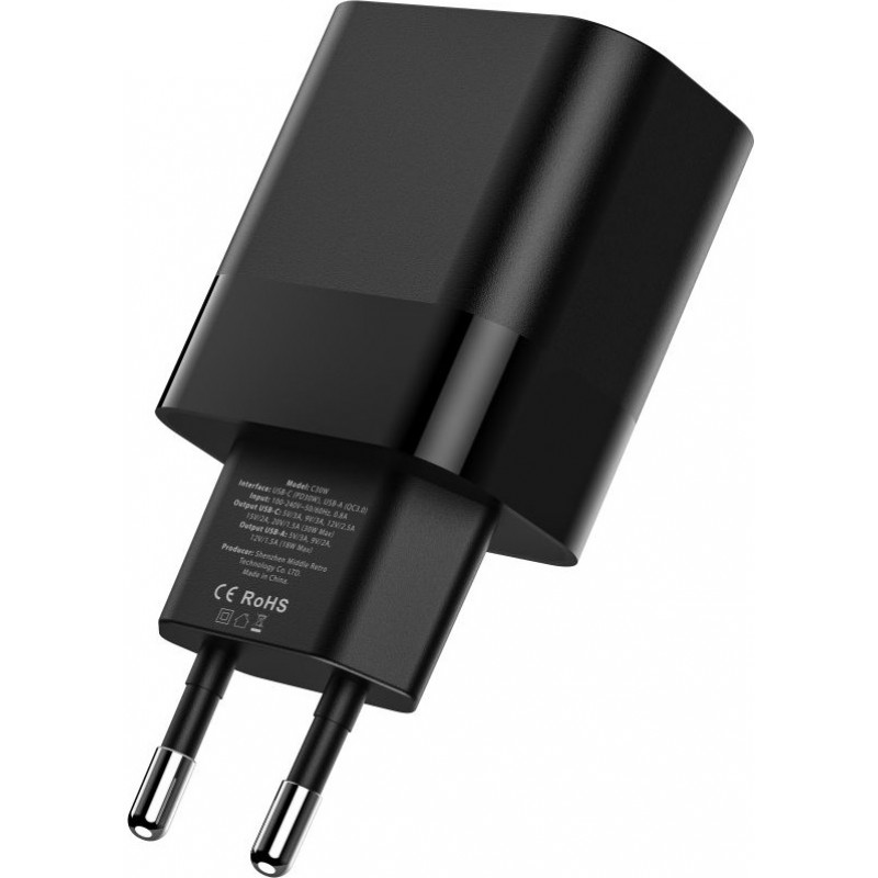 Carregador de parede Tech-Protect C30W de 2 portas, USB-C PD 30W e USB-A QC 3.0, preto