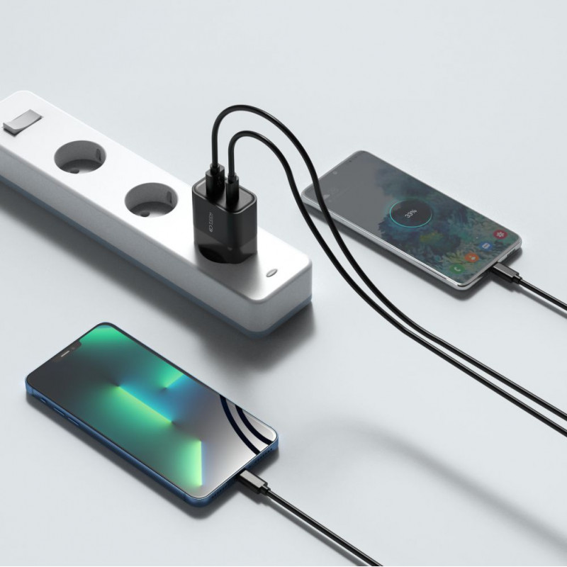 Carregador de parede Tech-Protect C30W de 2 portas, USB-C PD 30W e USB-A QC 3.0, preto