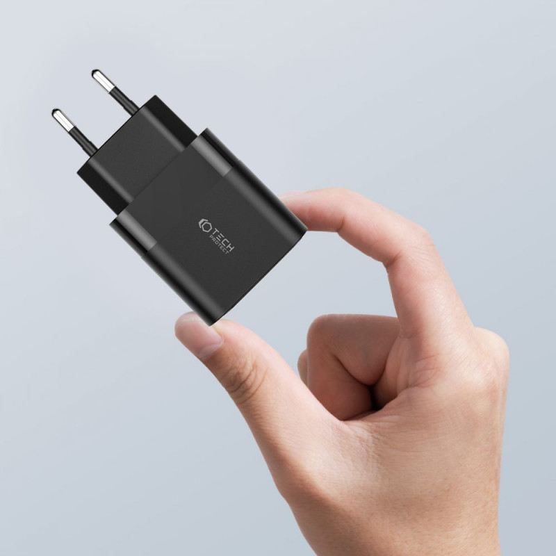 Carregador de parede Tech-Protect C30W de 2 portas, USB-C PD 30W e USB-A QC 3.0, preto