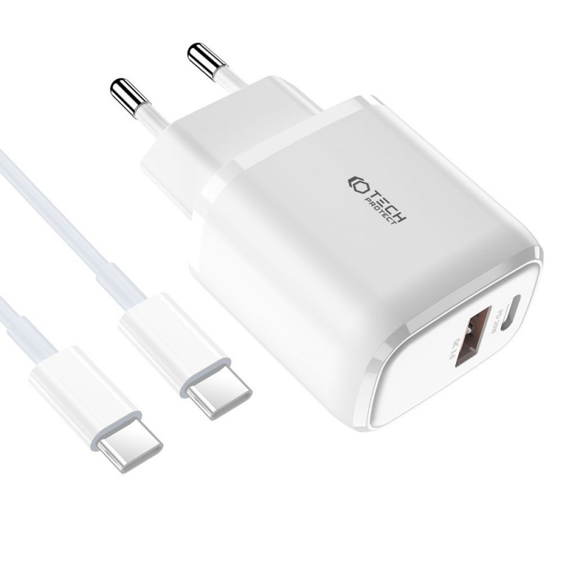 Carregador de parede Tech-Protect C20W de 2 portas PD 20W QC 3.0 com cabo USB-C, branco
