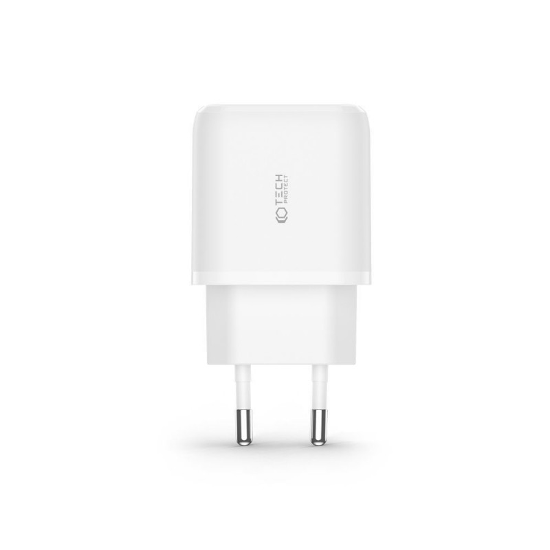Carregador de parede Tech-Protect C20W de 2 portas PD 20W QC 3.0 com cabo USB-C, branco