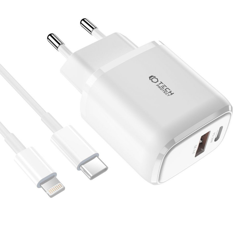 Carregador de parede Tech-Protect C20W 2 portas PD 20W QC 3.0 com cabo Lightning, branco