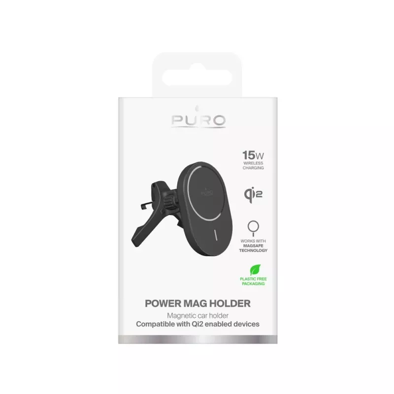 Suporte para automóvel PURO com carregador Qi2, compatível com MagSafe, preto