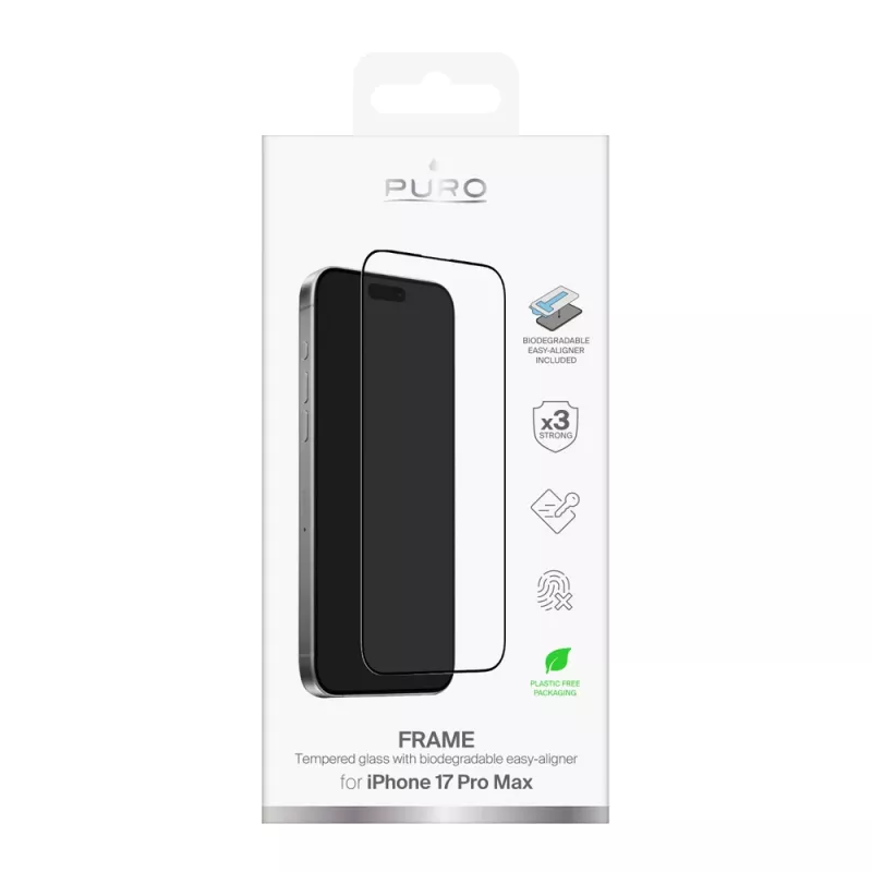 Película de vidro temperado PURO Frame para iPhone 17 Pro Max com aplicador e moldura preta