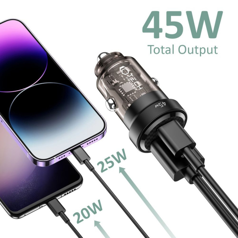 Carregador de automóvel Tech-Protect CC45W de 2 portas, USB-C PD 45W, USB-A QC 3.0, preto