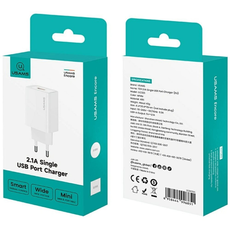 Carregador de parede USB-A USAMS CC326 T69, 10,5 W, 2,1 A, branco