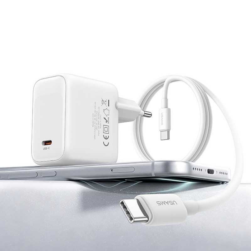 Carregador de parede USAMS CC339 T76 45W GaN USB-C com cabo SJ711 USB-C para USB-C (1 m), branco